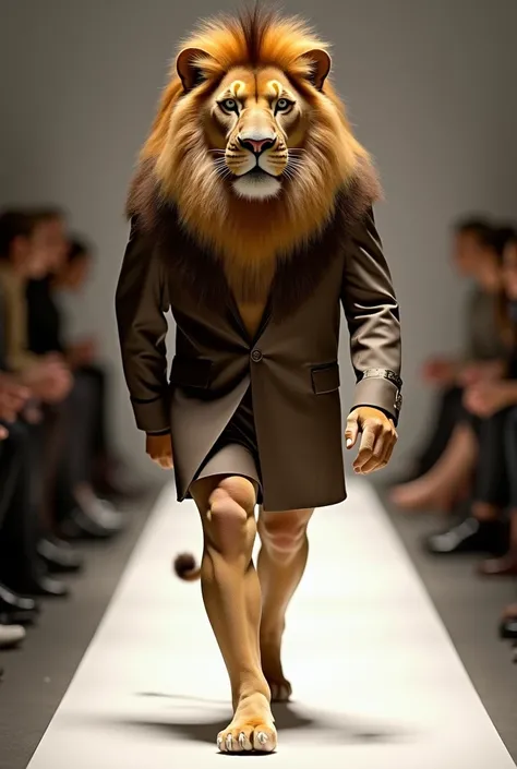 generate a picture of a lion as a fasionable runway model, strutting down a tiny catwalk  in stylish attire