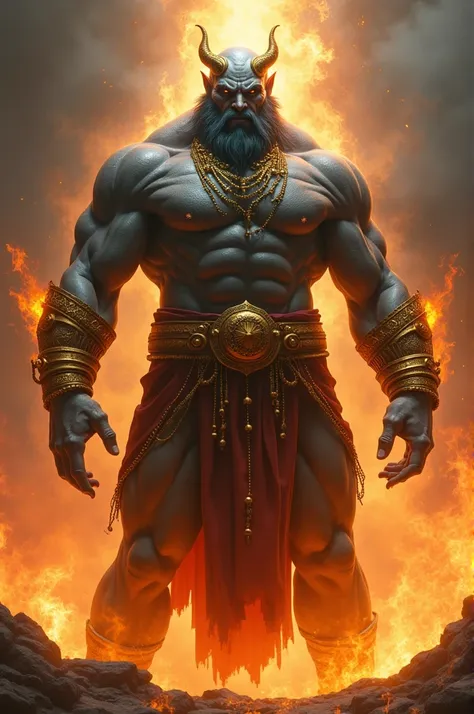  A gray lamp genius with dark eyes , large and backdrops .  He must be in the middle of the fire and must be very strong and muscular, with gold bracelets