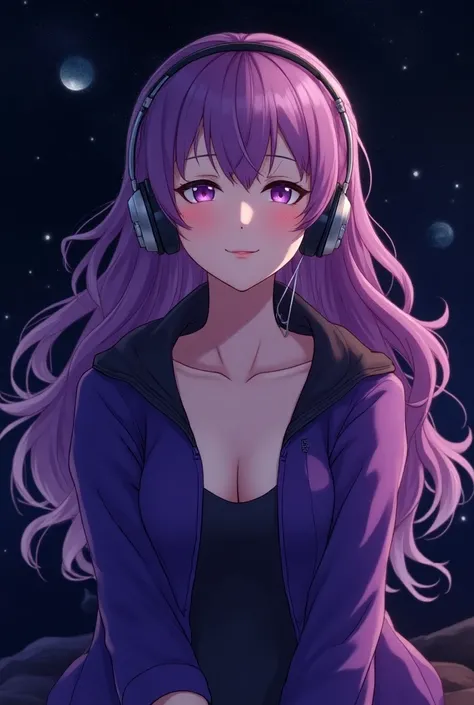 Woman in the Universe, Woman Smiling, Woman with eyes closed, Woman listening to music, Woman with headphone, Woman with Purple hair, Woman wearing cool style Purple jacket, Woman in peace, Purple sky, Shades of deep Purple and black, Realístic anime style...