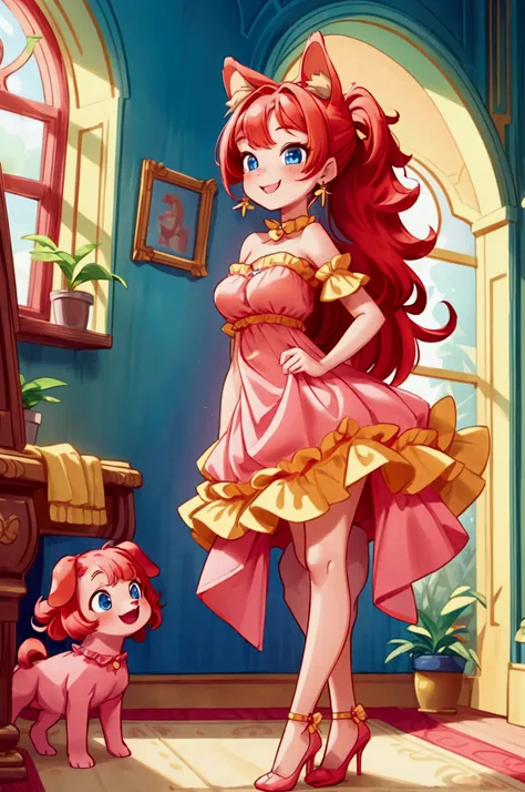 (masterpiece, best quality) (Landscape: standing, indoor, intricate detail, sunlight) (Outfit: yellow and pink frilly dress, red high heel shoes, cute dog ears, earrings) (Body: red hair, two ponytails, blue eyes, gorgeous legs, mature teenager body, lovel...