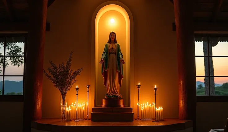 A tranquil countryside chapel at sunrise, Our Lady of Aparecidas statue surrounded by candles, with a subtle divine glow above the altar.