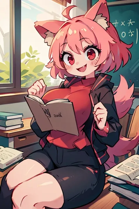  pink hair,  wolf ears , red eyes, big thighs and busty in shorts with red shirt black jacket black pants in a classroom with books smiling 