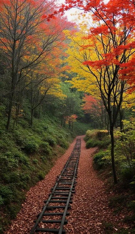 ((top-quality, masterpiece:1.3)), (Amazing Art work:1.1)), (Very realistic:1.2), (Photo, live action), ((Japanese Nature Scenery:1.2)), Autumn leaves, forest, Ragged and decaying wooden paths, Maple with red leaves, beech with yellow leaves, Quercus crispu...