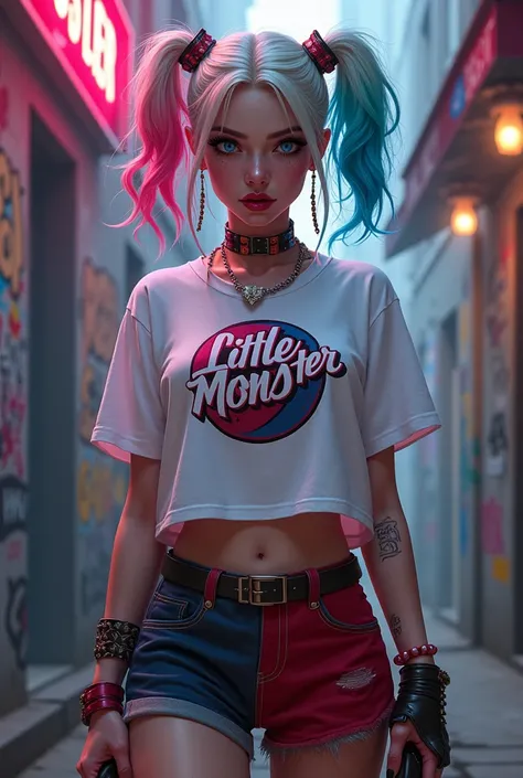 A girl like Harley Quinn but with the white Dad Little Monster t-shirt