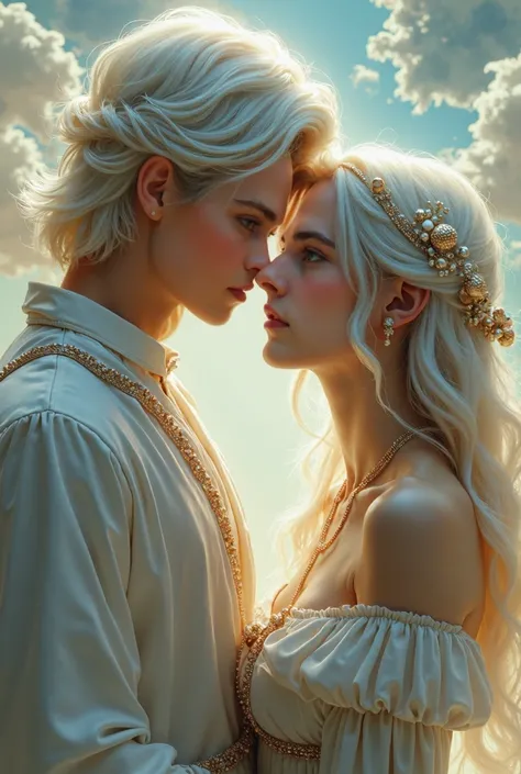  Create a nice couple , the man with the silver hair ,  heavenly eyes , and pale complexion , And the woman has to be long , ojos de color dorados and pale complexion ,  both have to be beautiful ,  and that the image is based on the painting of Romeo and ...