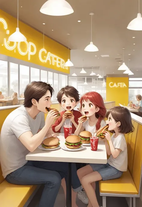 a family eating a hamburger inside a cafeteria with red and yellow details written "WIP" happy along with them soda   