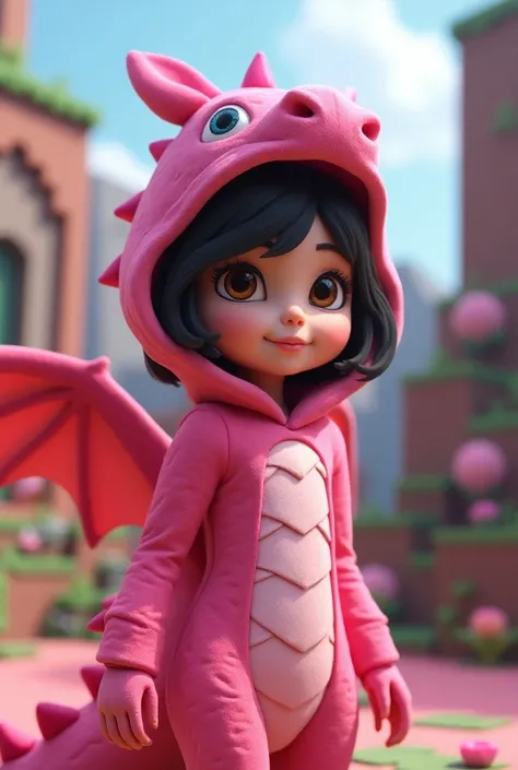 minecraft girl with dark hair and big brown eyes in costume pink dragon