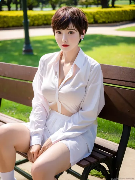 the most beautiful actress is sitting on the bench at the park with her legs spread, short hair cut above ears, her large breasts are in the formal shirt, nsfw, best quality, highly detailed, masterpiece, ultra high res, photo realistic, 8k, RAW photo 