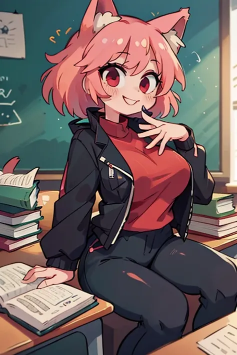  pink hair,  wolf ears , red eyes, Big thighs and busty girl in red shirt black jacket black pants in a classroom with books smiling 