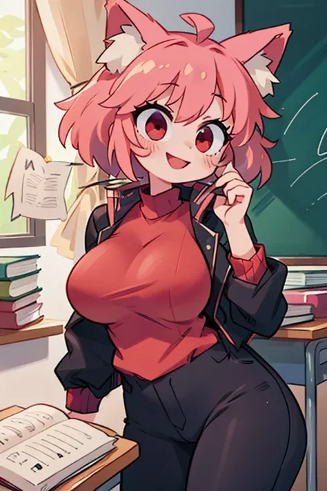  pink hair,  wolf ears , red eyes, Big thighs and busty girl in red shirt black jacket black pants in a classroom with books smiling 