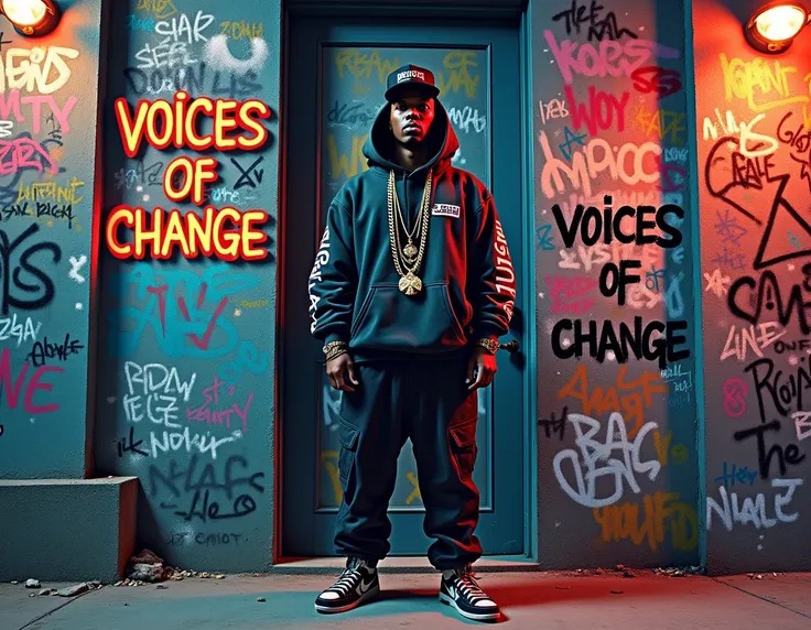 An artistic RAP album cover featuring a rapper in iconic urban rap costumes,  including a hoodie , cap and chains ,  standing against a graffiti covered wall .  The graffiti features dynamic and bold lyrics with the phrases AI RECORDS and VOICES OF CHANGE,...