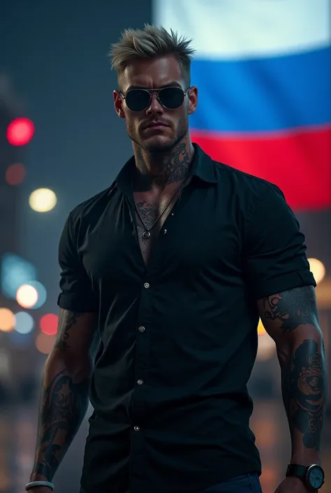   he is 30 years old  , 1,88 m , He has short blonde hair,  ice-cold blue eyes .  various tattoos ,  with a mysterious and dark aura .  A reckless man ,  carefree. sarcastic,  but always with a stoic expression on his shapely face. Sunglasses, in a urban c...