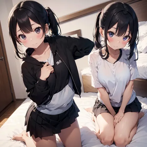 1 personの女の子、 black miniskirt , medium ponytail above the bed、 Extremely Detailed Background ( Hotel Room), ベット の上、 black hoodie, blushes her cheeks， Im looking at this。 mouth slightly open above the bed 、Slightly nervous , High Quality、 best quality，1 per...