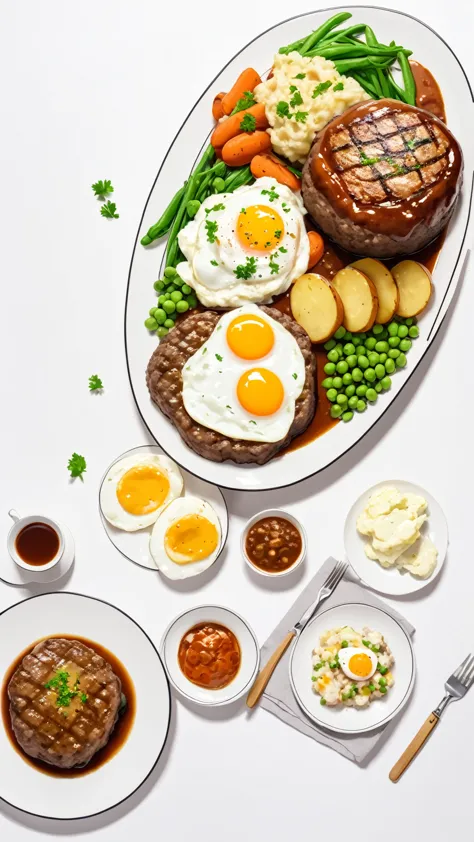 Hamburg steak, fried egg, potato salad, boiled carrots, boiled green peas, all on one plate