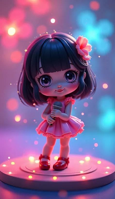  very detailed ,( fractal art:1.1),( colorful :1.1)(flower:1.3)、 ( dynamic pose ), ( abstract background:1.3)、(Multicolor:1.4)、Place the little doll on a round pedestal、 cute pose、smile、Black-haired、chibi doll、 Eye star （Sparkling）、 at a karaoke shop with ...