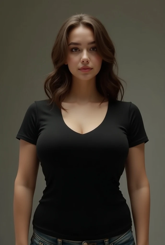 make a teenage girl wearing a black tight shirt. make her INSANELY SUPER HUGE BOOBS and make the shirt tight.