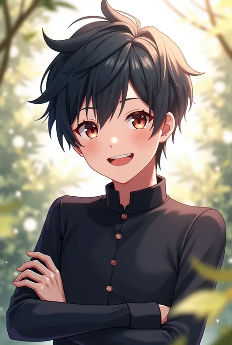 The character Subaru Natsuki from Re : zero smiling and next to a place to write a text 
 With black hair