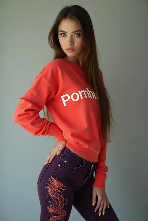  Full body A white Russian woman with long straight brown hair and blue eyes , Wearing a brightly colored sweater that says Pornhub, sexy pose standing side ,with Jean Campana dark purple printed a dragon on one side with high heels open shows yellow toes ...