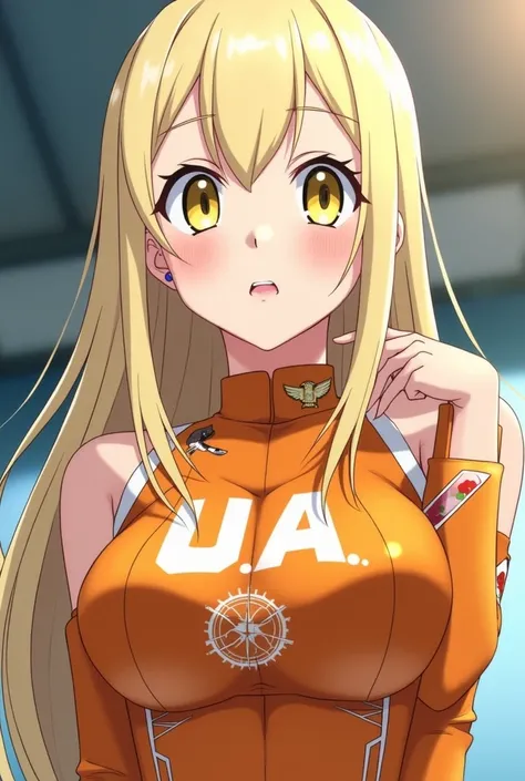 Screenshot of boku no hero academy of a girl, white skin, long straight blonde hair, soft yellow slanted eyes, beautiful features, pink pompous lips, manicured nails, makeup, well-defined body, wears an orange cheerleading uniform with the U.A seal 