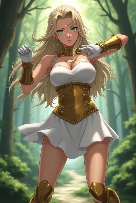  Female Greek Goddess ,  long hair up to the waist wavy light brown color,   wears a short knee-length dress in white ,  a silver pin in her hair ,  wears a golden corset ,  white tactical combat gloves , hold gold ,  gold armor knee brace boots ,  tight m...