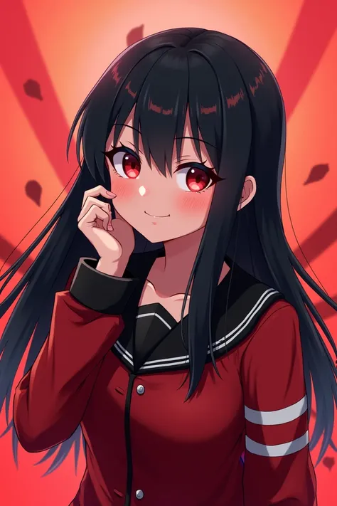  Girl with long straight black hair , with bangs. He has slanted red eyes and has a cheerful expression.. He wears a red and black uniform ,  measures 1 ,70