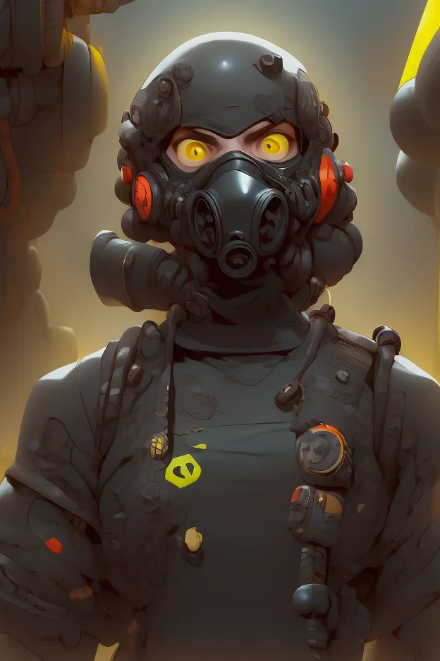 male,  he wears a black gas mask that covers his face  .,  the gas mask has yellow accents and yellow details on the eyes and th...