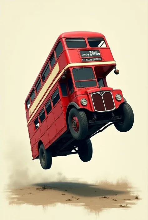 English two-story red bus walking on two wheels on its side
