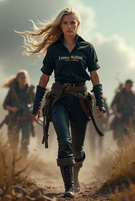 A blonde woman with her hair in a braid ,  blue eyes and porcelain skin with fine features ,  dressed in a black shirt with an embroidery that says Emma Walton vory v Zakone on the shirt,  dressed in black battle pants and battle boots ,  walking around a ...