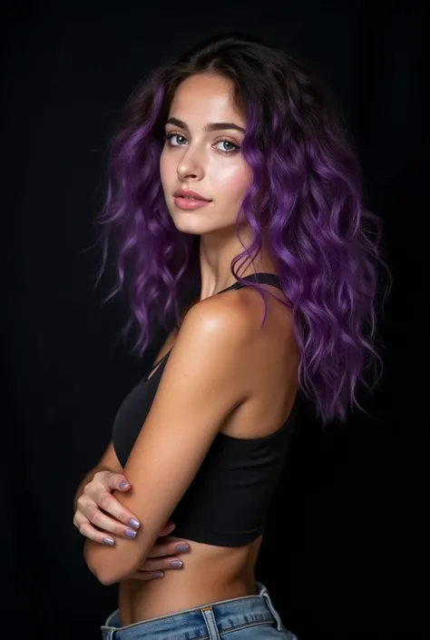 a turkish girl with purple curly hair, portrait, skinny, dark hair. fair skin. professional photo. black background. without makeup