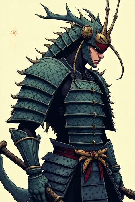 Half-body image of a samurai warrior . Your plate armor , with scales and spines inspired by mantis, sword and facial features are inspired by warrior mantises. Human face. Anime style. vibrant colors