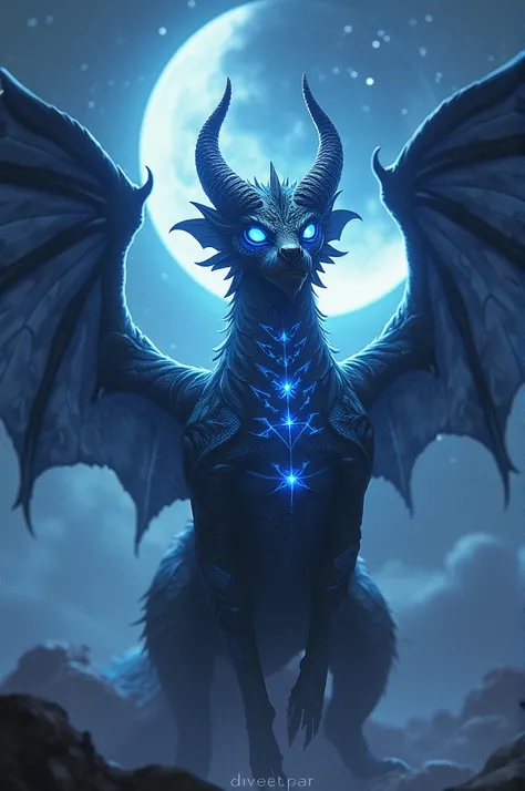  The picture shows a majestic ,  dragon-like creature with horns ,  large feathered wings ,  bright blue eyes and a body ,  interspersed with a star-like pattern, against a lunar background .






