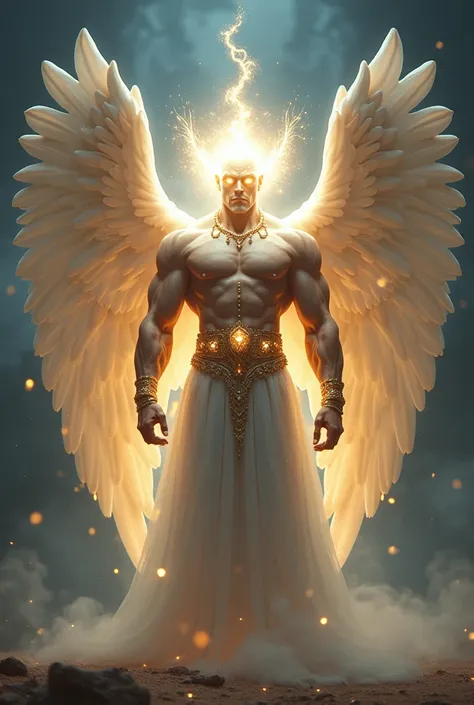  A lamp genius totally shining and pure , but masculine.  Full of bracelets and glory .  Extremely muscular, with eyes that emanate light .  Body as if it were smoke like the genius of Aladdin,  and your eyes emanate glory .  Her wings are six and are as b...