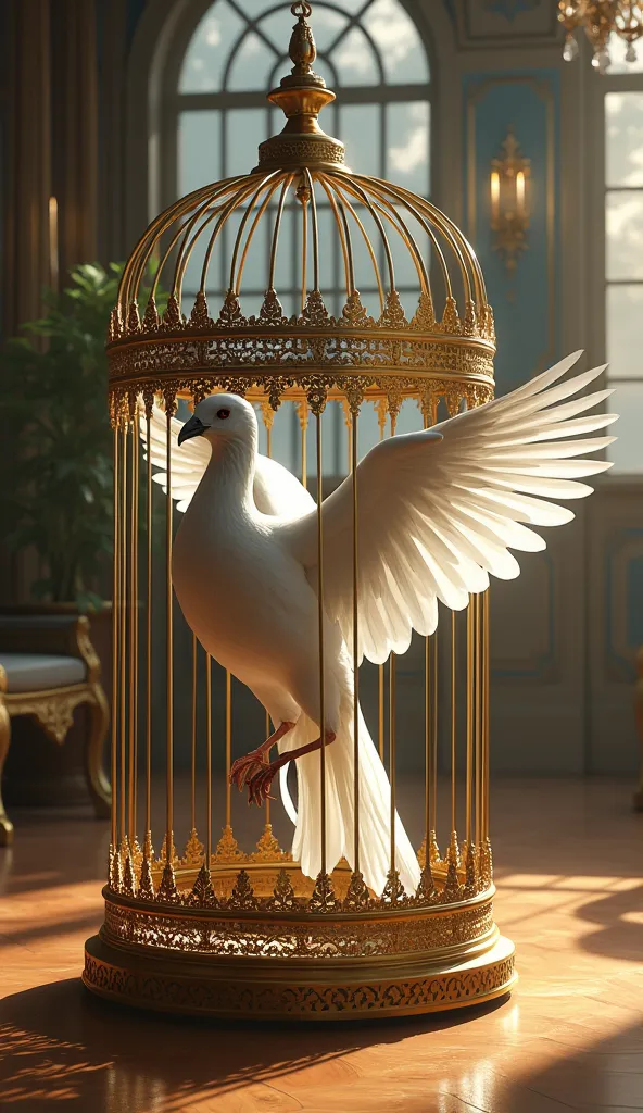 a bird trapped in a cage. the color of the bird is white and gray