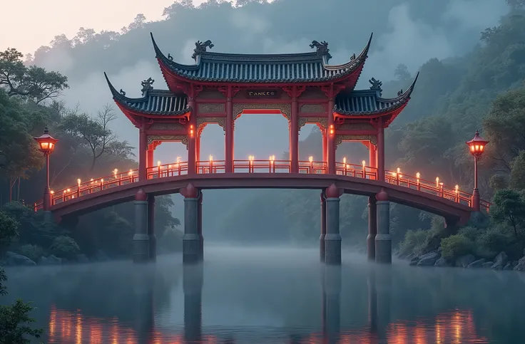 An elegant Chinese bridge with intricate designs and serene surroundings of vibrant greenery and misty forests. Optimized with (ultra-detailed rendering, high resolution, smooth textures, dynamic contrast, natural light reflection, soft gradients, immersiv...