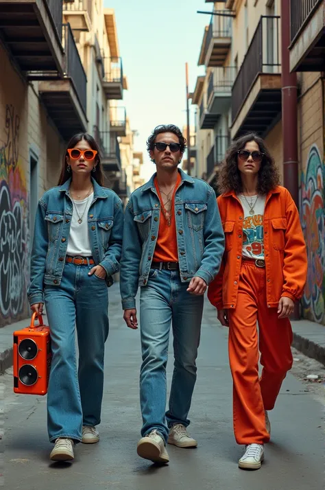  Create vibrant streetscapes inspired by 80s rock n roll culture .  Featuring individuals dressed in classic oversized denim and sporty clothes ,  walk confidently down graffiti-filled alleys .  Surround the figure with a retro boombox and a pop pop atmosp...