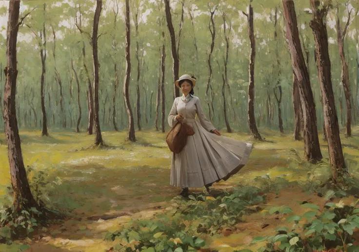 Happy woman near tree and forest