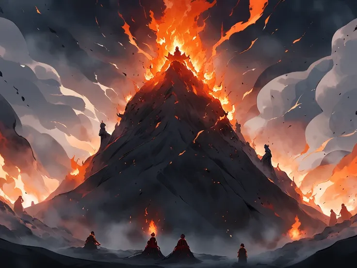  Panoramic view of an imposing mountain ,  surrounded by a thick fog .
At the top,  a burning flame illuminates the dark .
 the gods ,  tall, ethereal figures with severe faces,  they are circled around the fire , protecting him .
In the foreground,  the t...