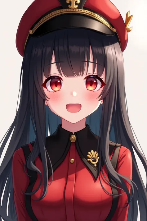  Girl with long straight black hair , with bangs.  He has slanted red eyes and has a cheerful expression. He wears a red and black uniform , elegant style with a cute hat.