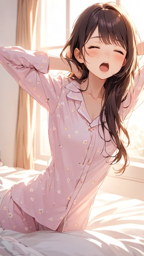 Pajamas, waking up, on the bed, yawning girl, stretching girl, morning sun shining through the window