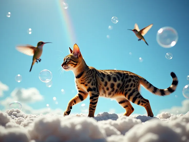  On a clear day with a blue sky and a rainbow in the background , a hawksbill cat walks on soap bubbles ,  some of these fly around her and hummingbirds flutter playing with the bubbles. bright light, plano general, Framed, horizontal, Detail, Details alto...