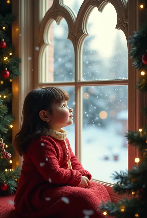 Magical Christmas, garlands, a plump girl with shoulder-length brown hair sits near a beautiful window, snow flakes are falling outside, realistic photo, film