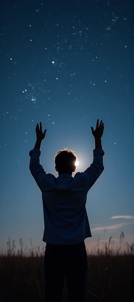 A person standing backwards, in an open field at night, with their hands raised to the sky full of stars. The soft light of the moon illuminates the scene, highlighting the serenity of the moment, while a soft natural glow surrounds your hands, reflecting ...