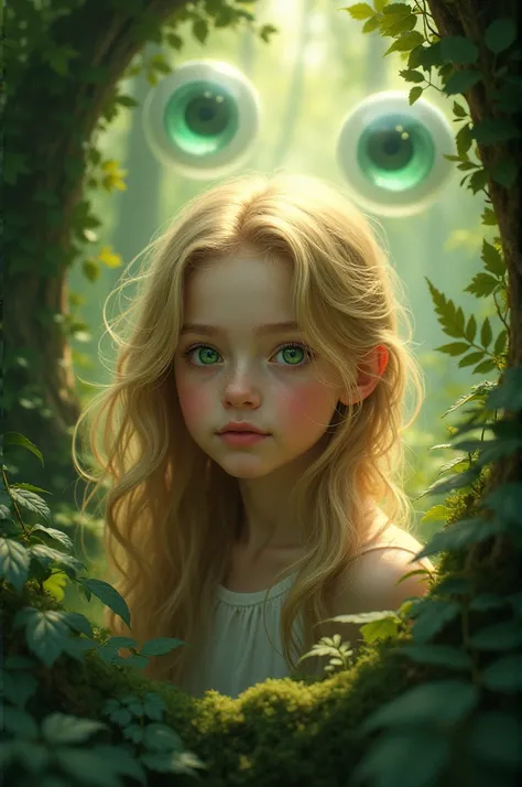 a young blond girl with green eyes in a forest with half transparent eyes behind