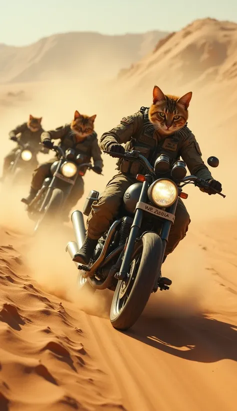 Cat soldiers driving military motorcycles through the Iraqi desert, Iraq desert , dynamic action scene, side shot