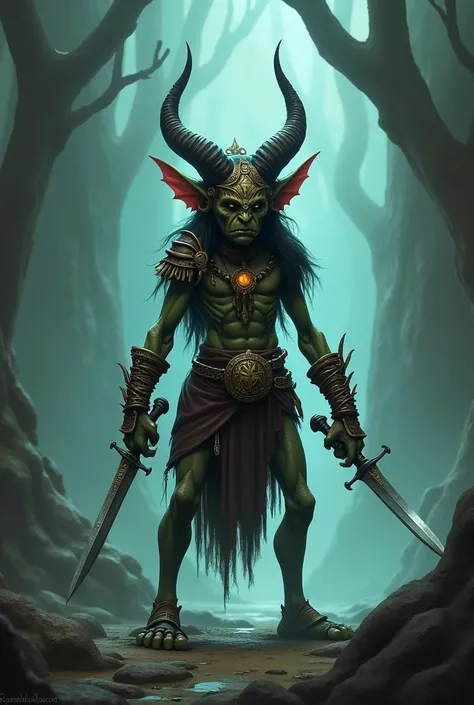 A weak goblin shaman with long dark limbs bracelets and amulet armed with a knife and horned helmet