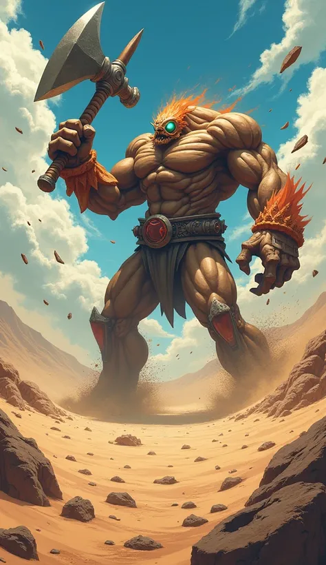 A giant cyclops in a desert landscape, smashing its axe into the ground with tremendous force, causing the ground to rise and crack dramatically. The environment is arid, with sand dunes in the background and the sky filled with swirling dust from the impa...