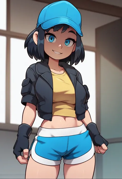 score_9, score_8_up, score_7_up, source_anime, best quality, clear face,fast skinny girl,black hair, blue eyes, medium hair, large breasts, perfect body, standing, slight smile, open yellow shirt,blue mini shorts, indoor, pose,cool,simple design,cute, thic...