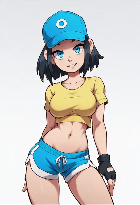 score_9, score_8_up, score_7_up, source_anime, best quality, clear face,fast skinny girl,black hair, blue eyes, medium hair, large breasts, perfect body, standing, slight smile, open yellow shirt,blue mini shorts, indoor, pose,cool,simple design,cute, thic...