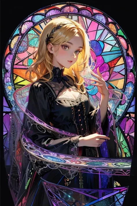 (Masterpiece, Best Quality), 8k,(((highly detailed))), lace:1.8,Super intricate lace pattern,colorful lace pattern,stained glass background, kaleidoscope,light-up,Gothic, 1 woman,(wave hair,blonde hair),holography