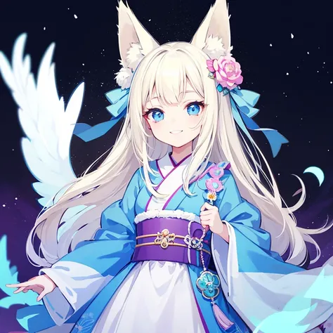 Girl with kemono ears 　 long blond hair with hidden ears　Wolf Ears　Sky Blue Eyes　Double eyelids　Slightly raised eyes 　smile　Double teeth　Thin eyebrows　 Light Blue Kimono 